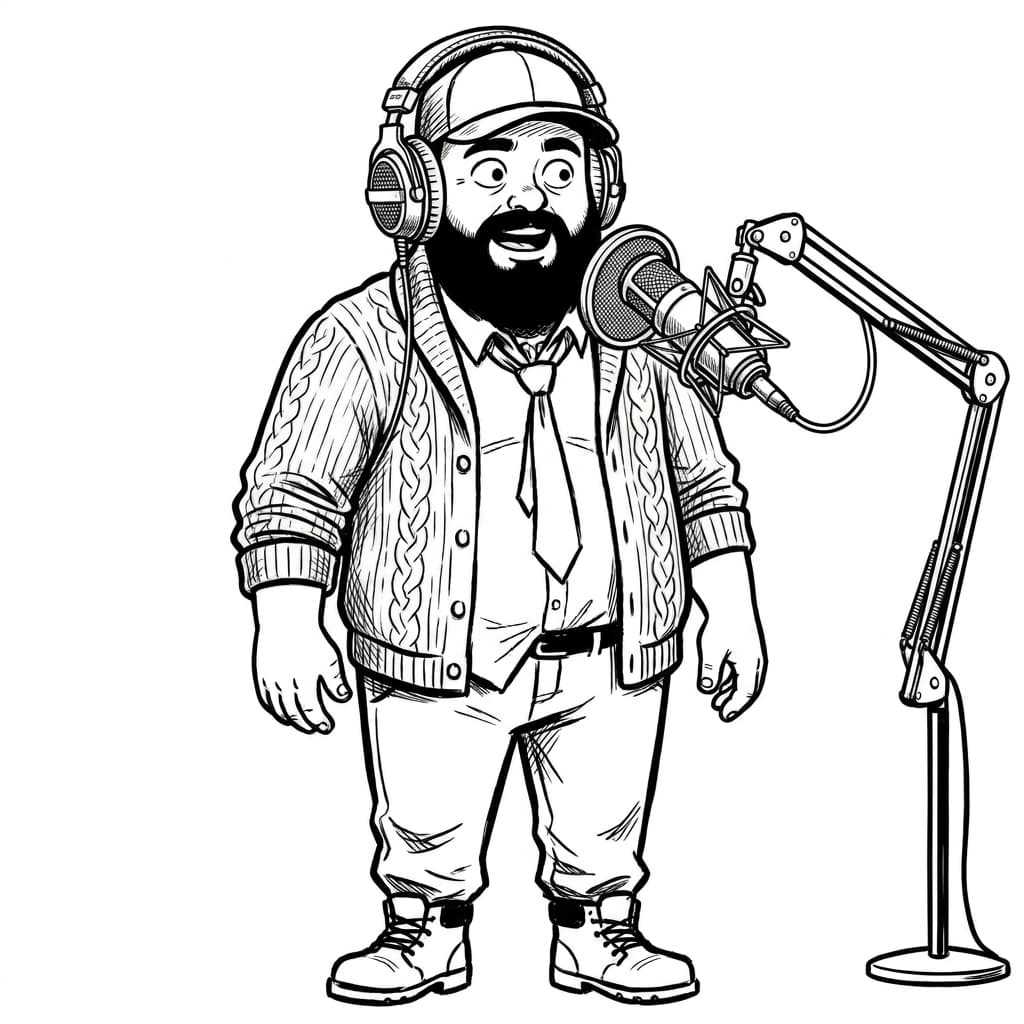 Martin from the hand-drawn illustration, wearing headphones and talking into a studio microphone